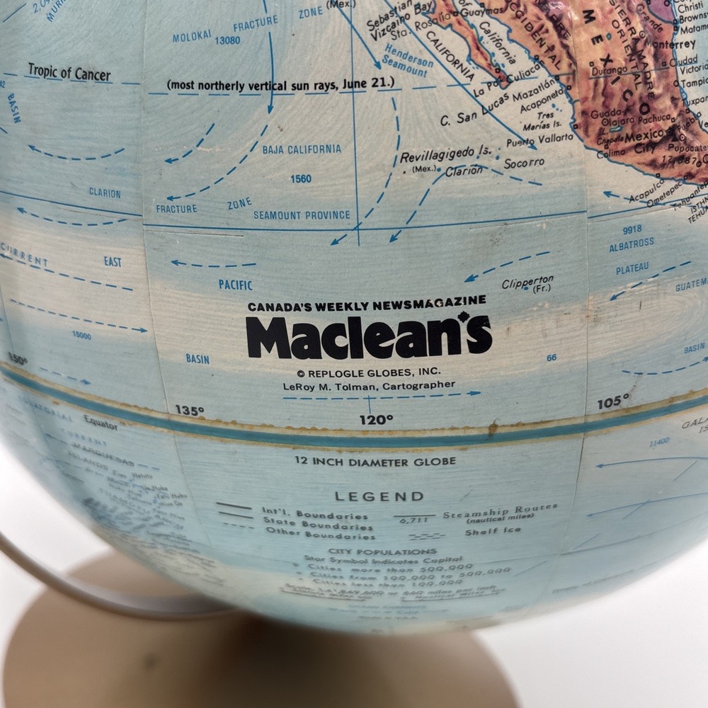 Vintage Repogle World Globe - 12” Raised Surface - Maclean's Magazine