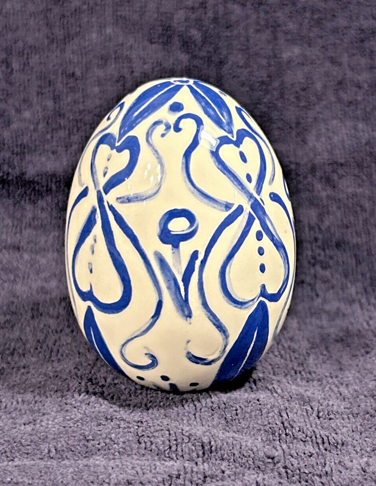 Ceramic Egg Small Folk Art Glazed Blue on White
