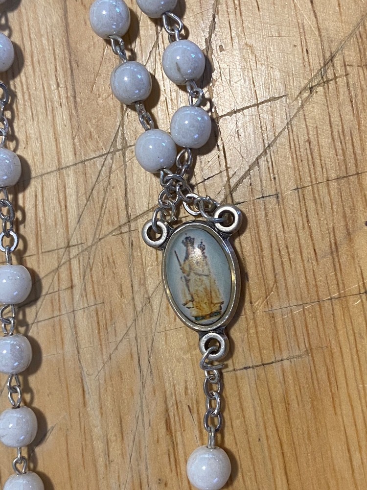 Vintage Round White Milk Glass Bead Catholic Rosary