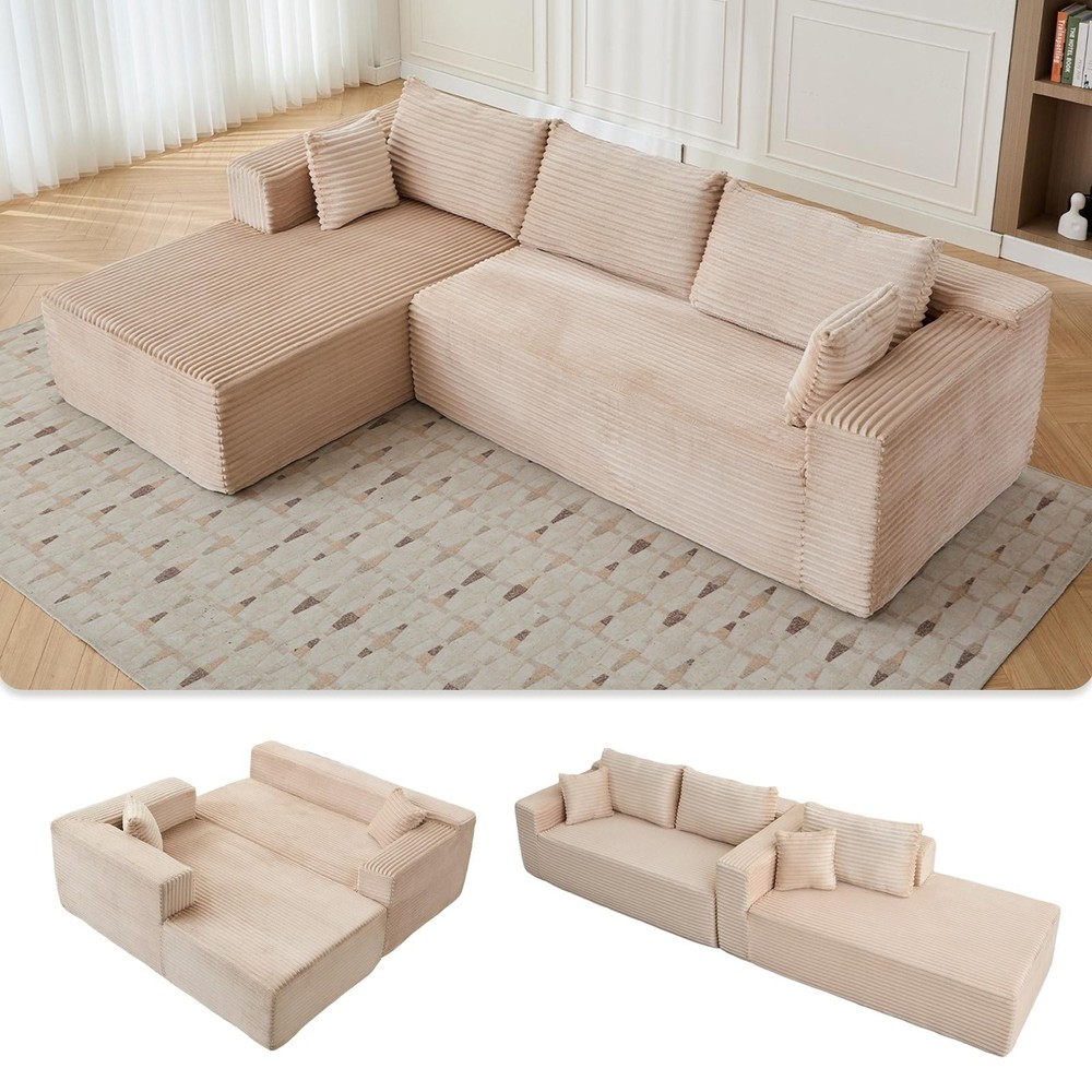 Compression Sectional Couch W/ Chaise | L-Shape Sleeper Sofa | Corduroy Beige