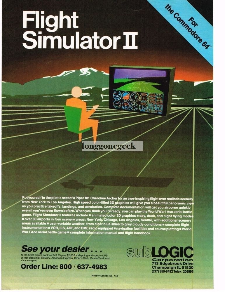 1985 SubLogic Flight Simulator II Computer Video Game Commodore 64 Vintage Ad