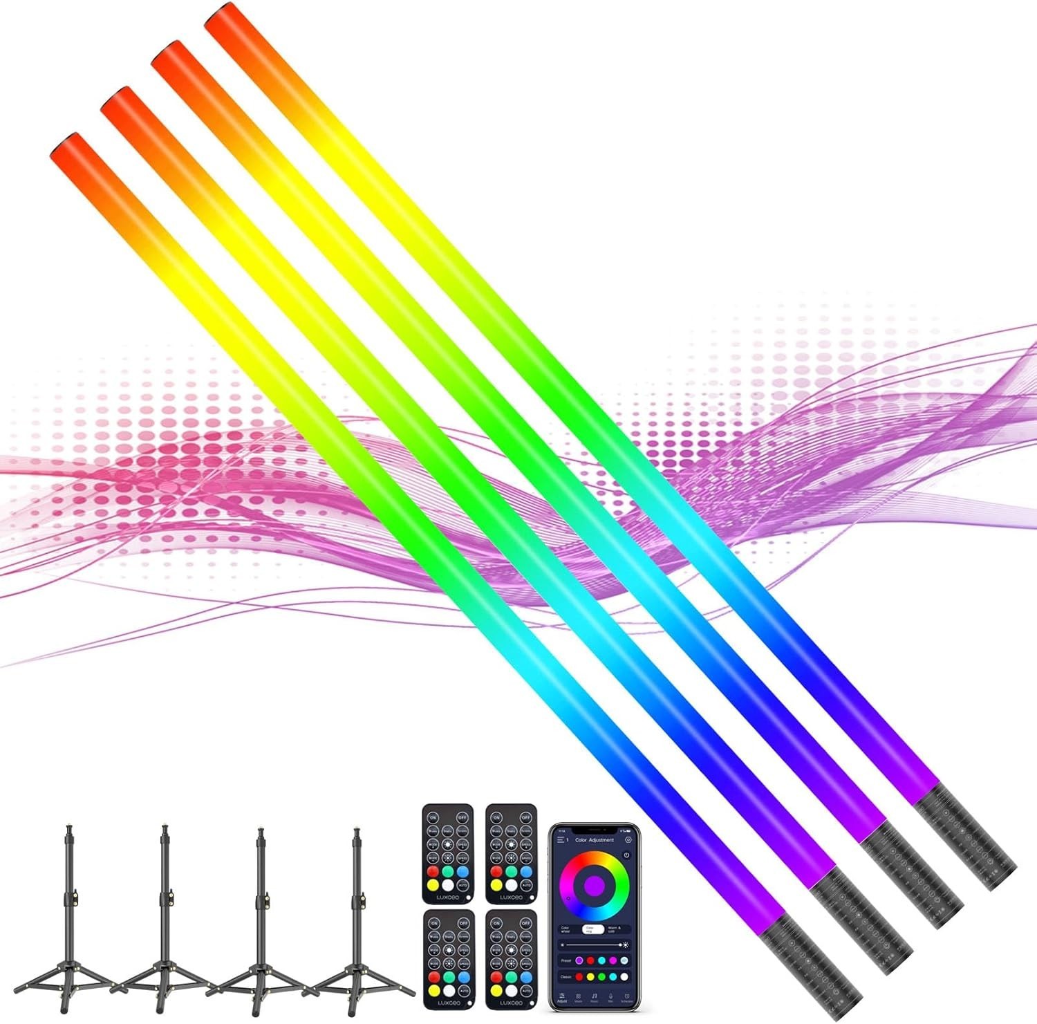 4 Pack RGB Tube Light with Tripod, Battery Powered 18W 4ft LED Video Light, Port