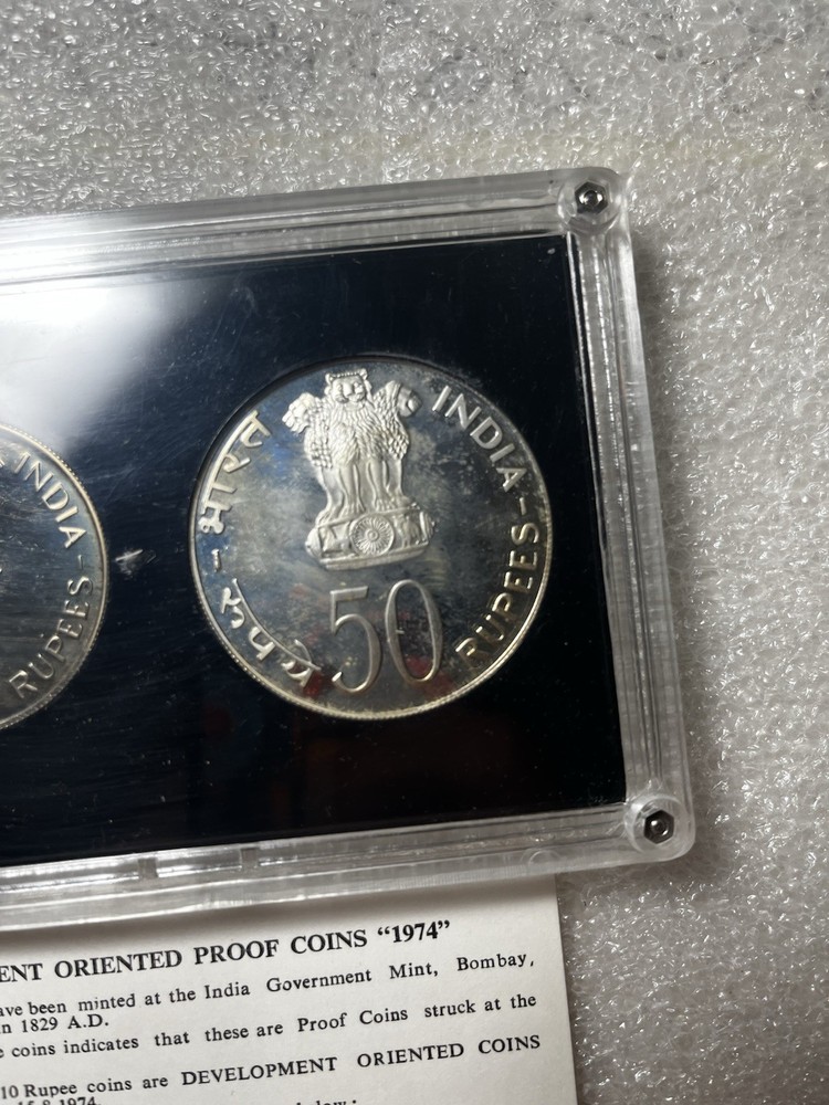 1974 India Development Oriented Proof Silver 2 Pc 50 & 10 Rupee Coins Set +Box