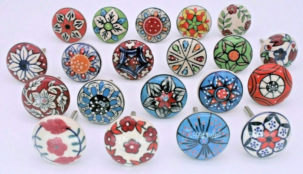 Indian 20 Pc Cabinet Hand Painted Colorful Ceramic Door Knobs Pull Handles