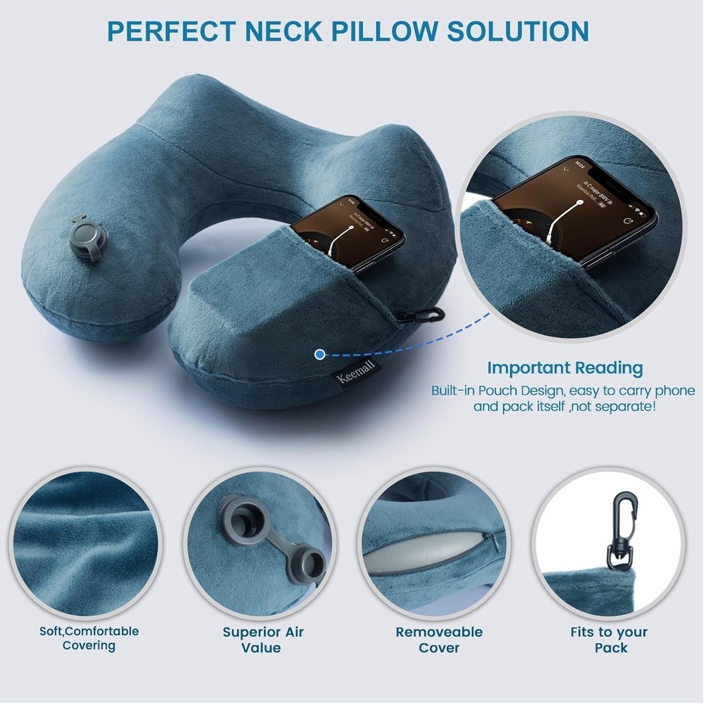 Inflatable Travel Neck Pillow Polyester Soft Support for Airplane Long Flights
