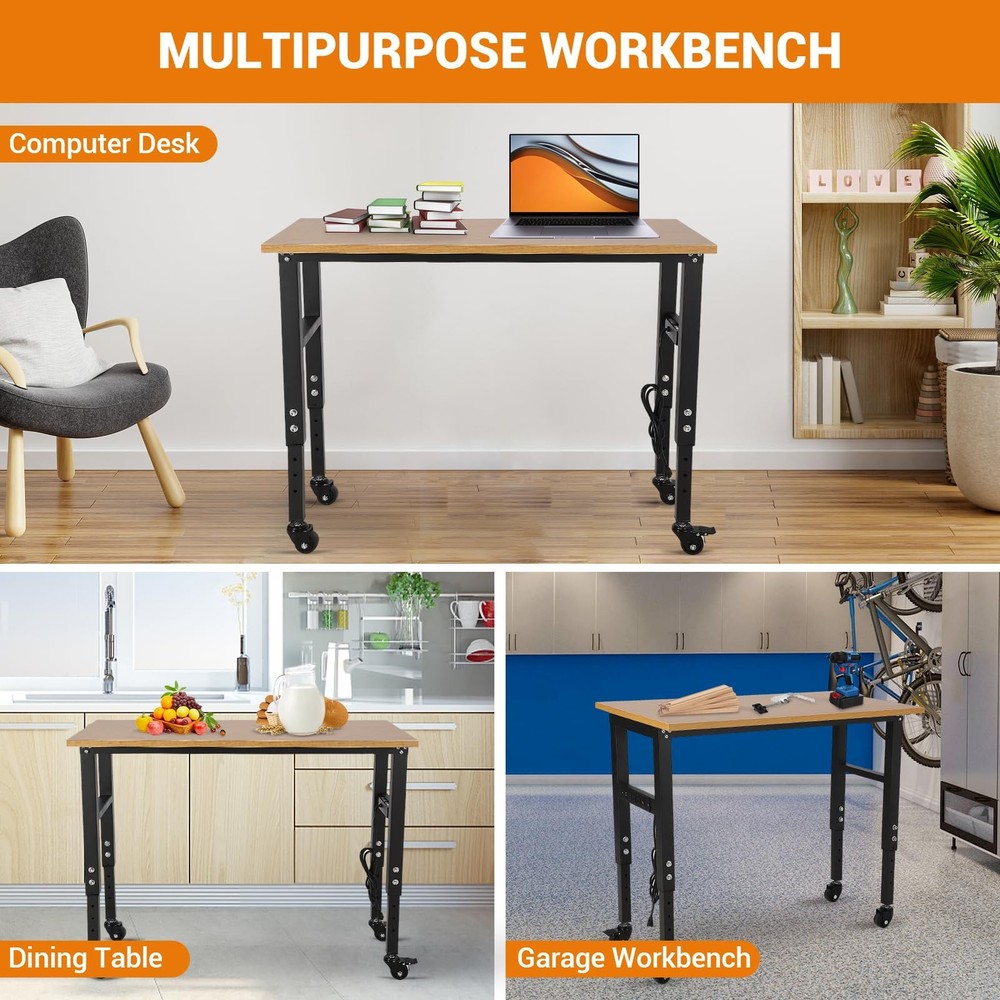 Adjustable Height Workbench 48"x 24" Work Bench Table w/ Power Outlets & Wheels