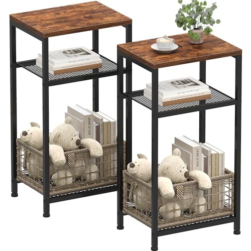 Small Side Table Set of Tall End Table with Adjustable Shelf, 2 Rustic Brown