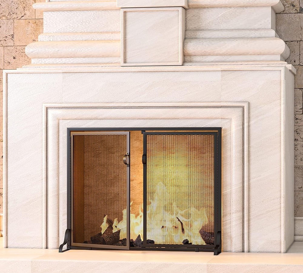 Fireplace Screen with Magnetic Doors, 2-Pannel Handcrafted Solid Wrought Iron...