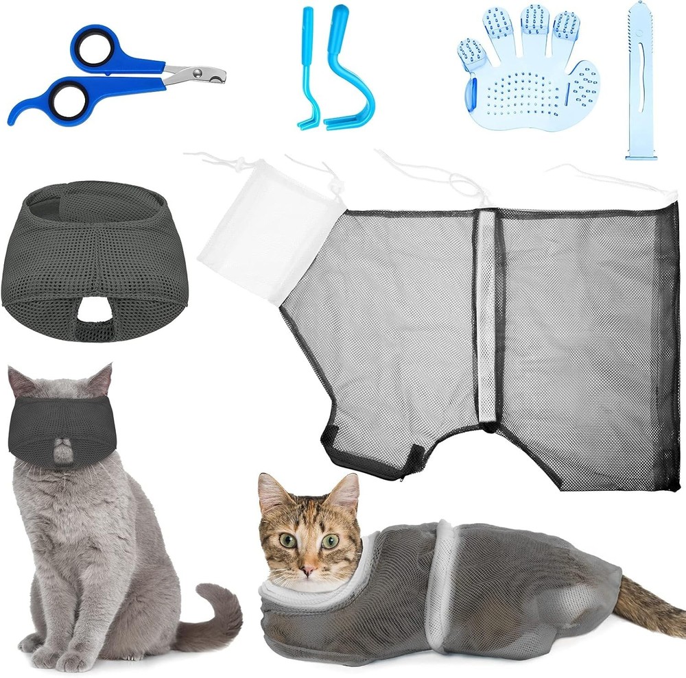 5-Piece Cat Bathing Set: Adjustable Grooming Bag, Muzzle & Clipper Essentials
