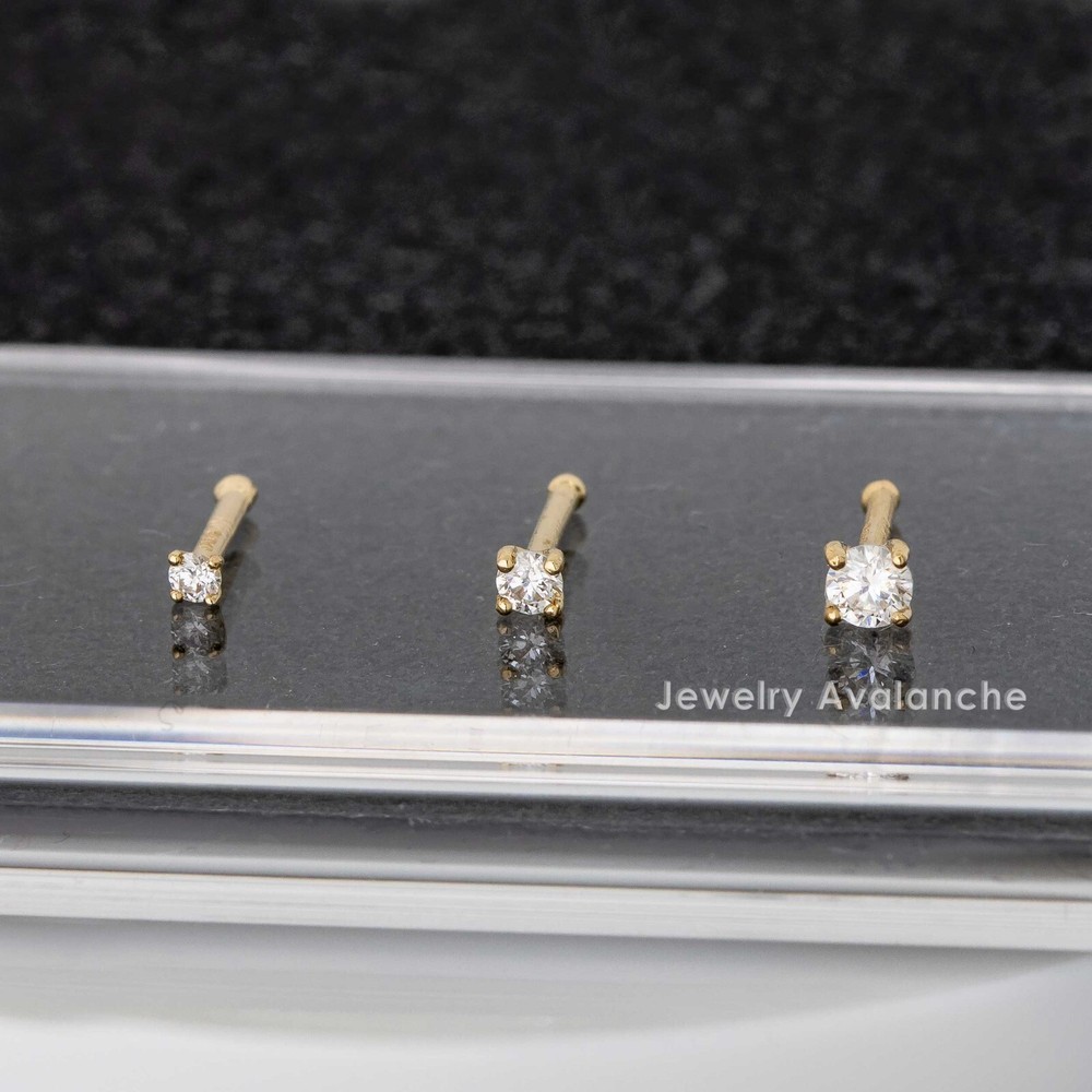Solid 20G 14K Gold Diamond Ball-end Nose Ring Stud, Nose Bone Stud Prong Set