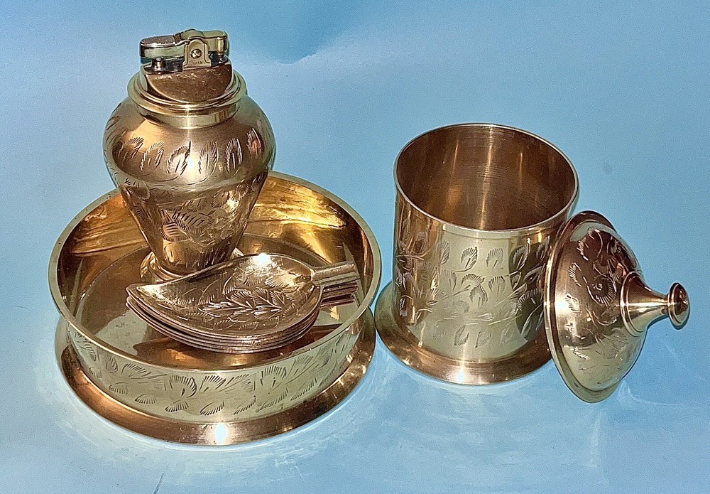 Brass Tobacciana Etched Feather Design Table Set