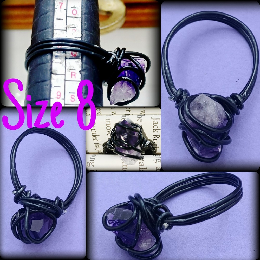 Handcrafted Wire Wrapped Raw Amethyst Ring, Size 8, Black Colored Wire
