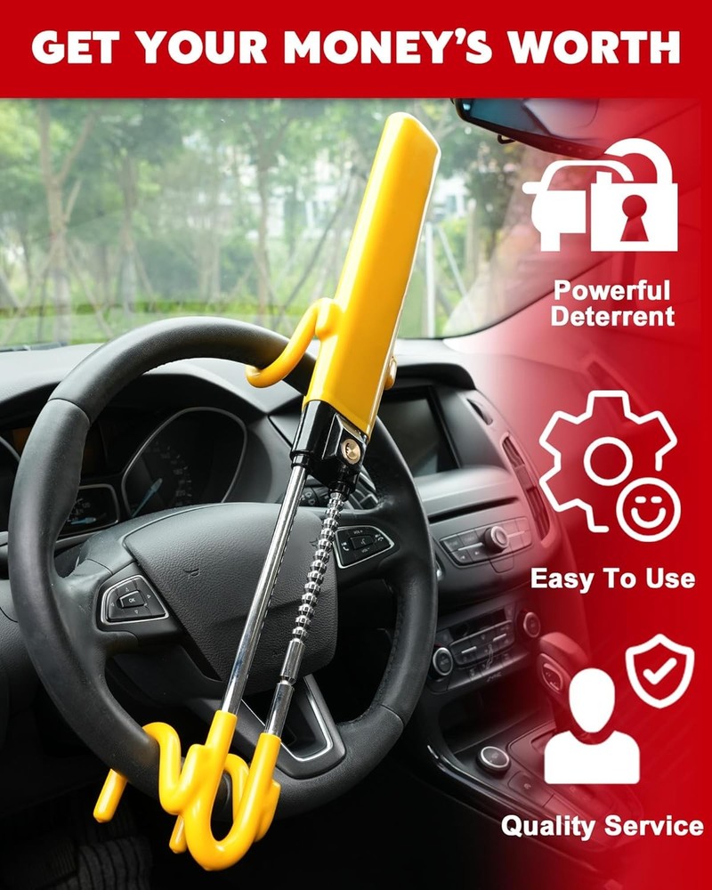 Tevlaphee Steering Wheel Lock - Heavy Duty Antitheft Device and Car Yellow