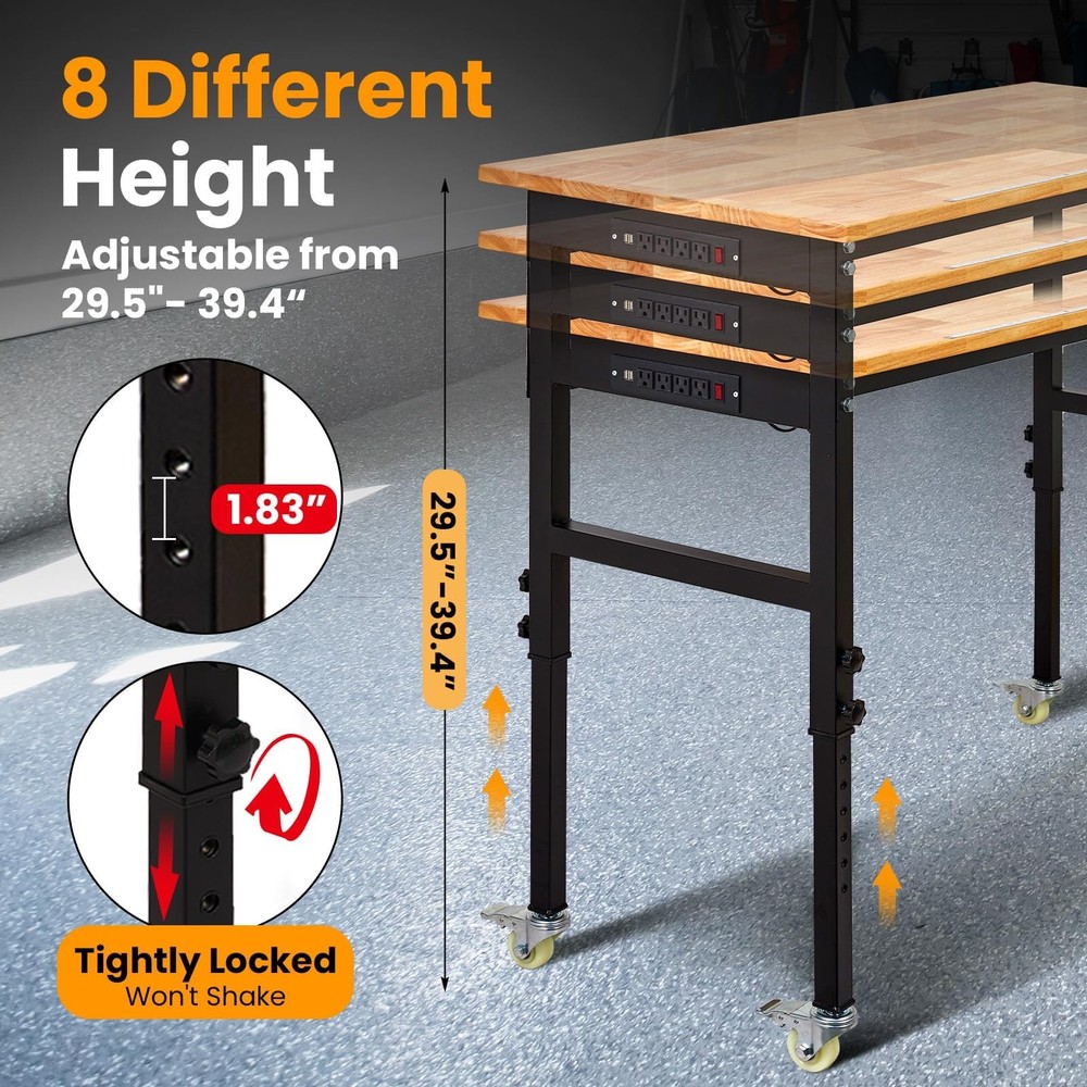 70" Adjustable Workbench w/Wheels & Power Outlets, 2000Lbs Work Table for Garage