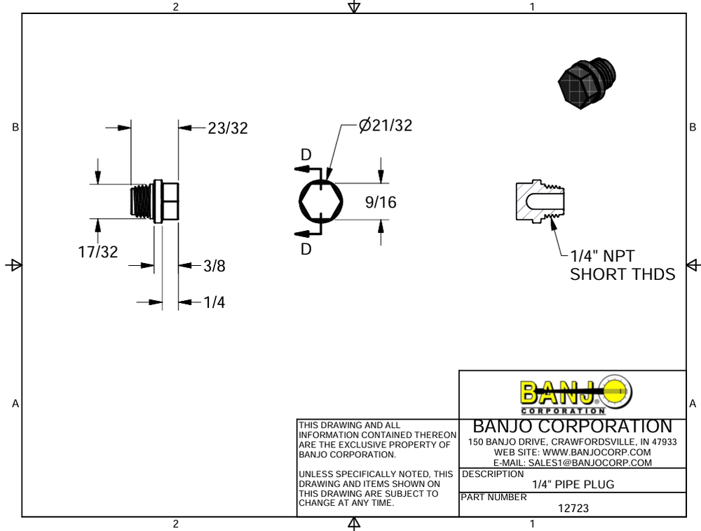 12723 Banjo 1/4" Drain Plug, Polypropylene