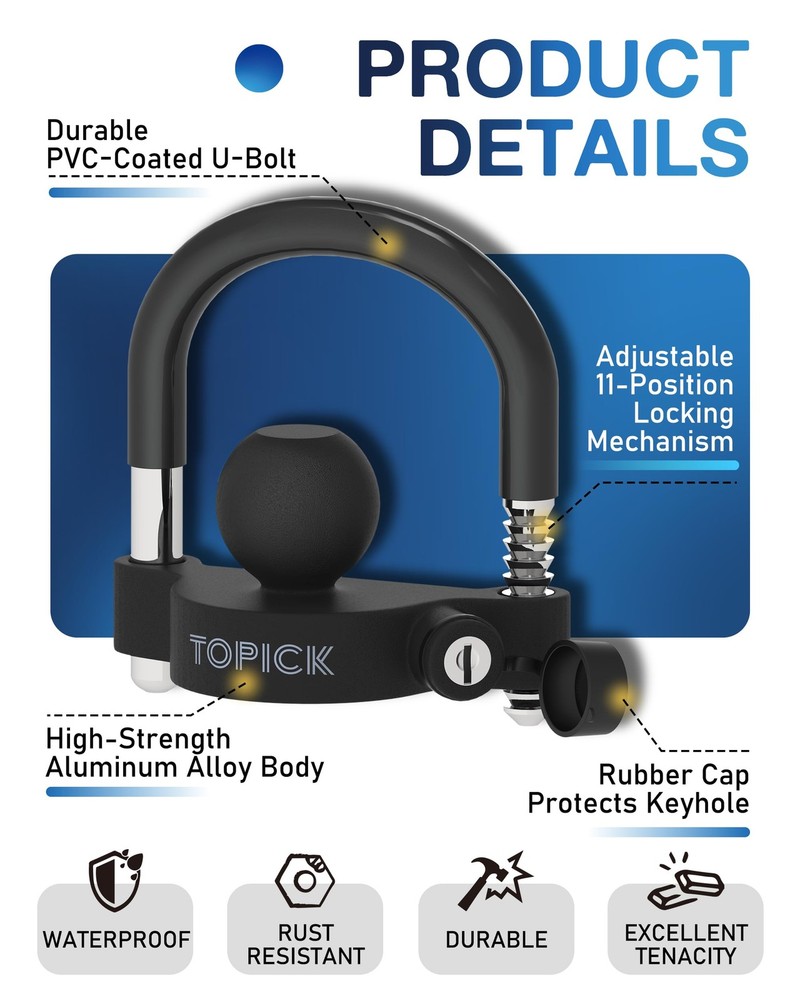 TOPICK Trailer Coupler Lock, Universal Ball Matt Black