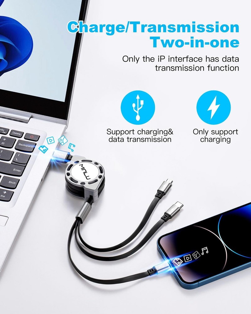 Multi Charging Cable 3A, [2Pack 4ft] Retractable 4 feet, Black,Gray