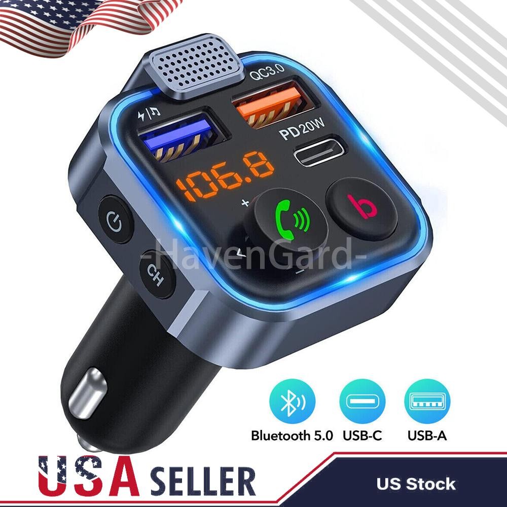 Bluetooth 5.0 Car Wireless FM Transmitter Adapter 2USB PD Charger AUX Hands-Free