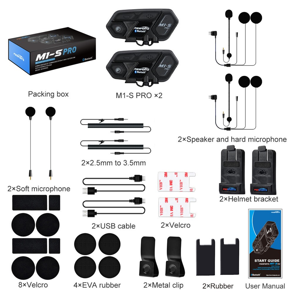 2x M1-S Pro Motorcycle Intercom 2000m 8 Riders Bluetooth Helmet Headset + Mic