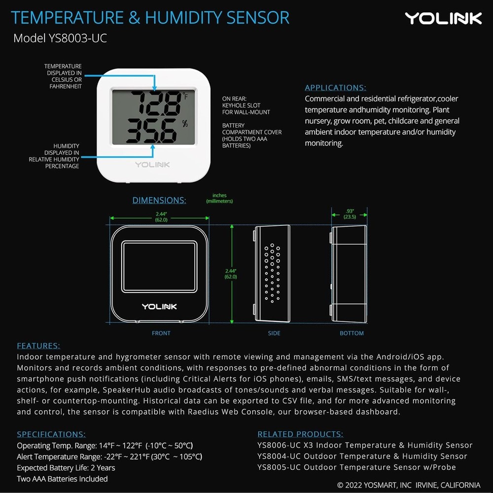 Smart Wireless Temperature Sensor/Humidity Sensor Wide Range -22 to 158 Degre...