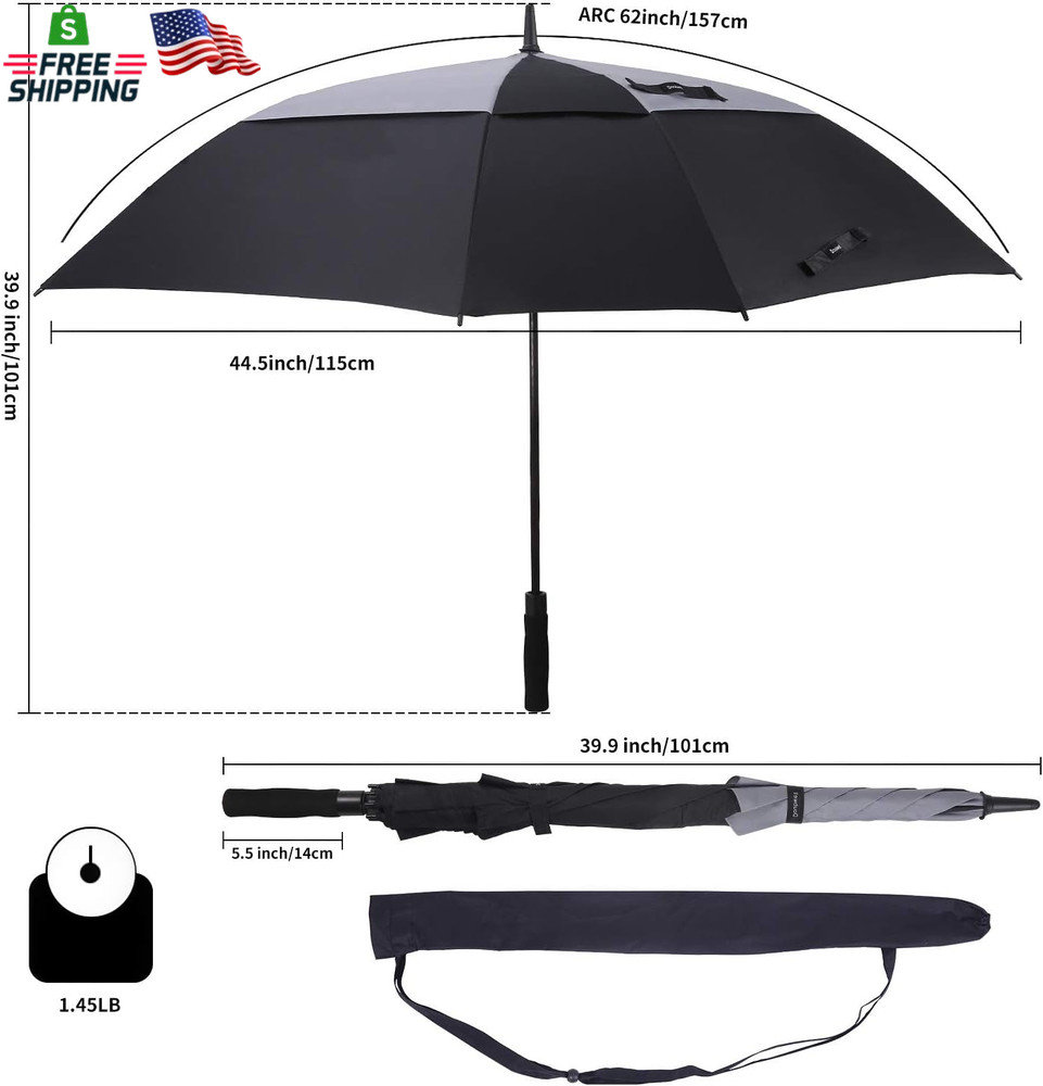 Square Golf Umbrella 62 Inch Large Size with Windproof Vented Automatic Stick St