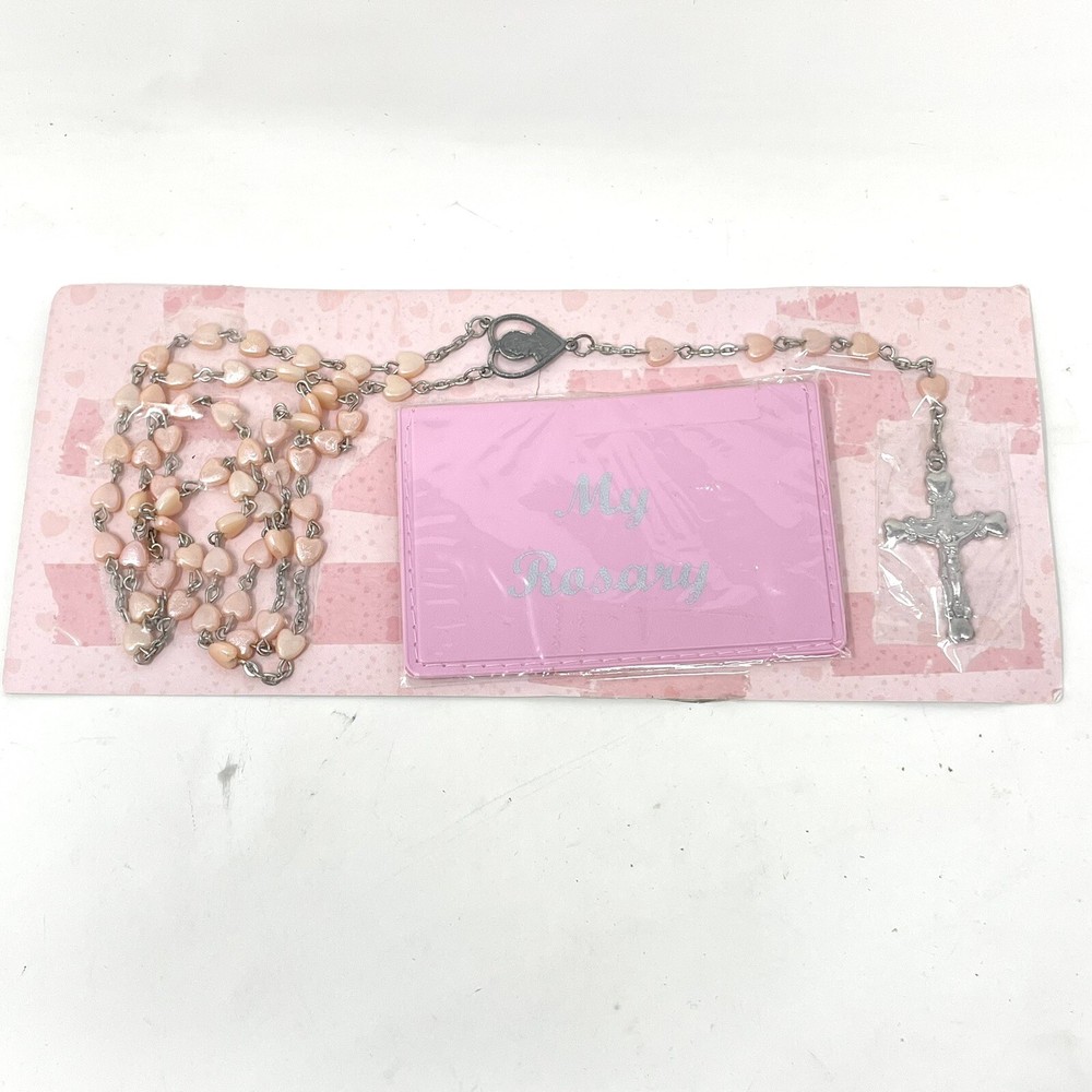 Catholic Rosary Pink Hearts Case Prayers Instructions Gift First Communion