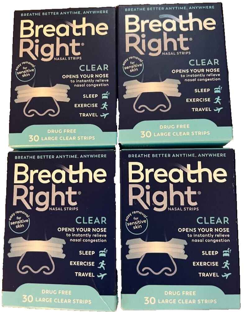 120 BREATHE RIGHT LARGE CLEAR FOR SENSITIVE SKIN ( 4 x 30 CT Boxes ) EXP 2028