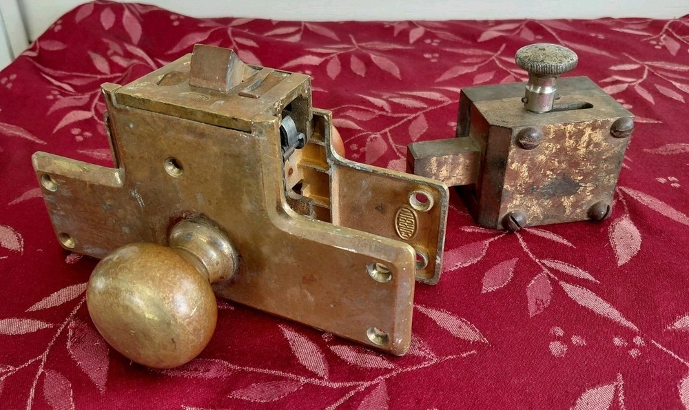 ANTIQUE CORBIN UNRESTORED  MORTISE LOCK BRASS DOOR KNOBS  & DEADBOLT