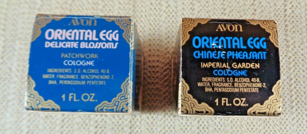 2 Avon Oriental Eggs with Stands / Patchwork & Imperial Garden / Empty