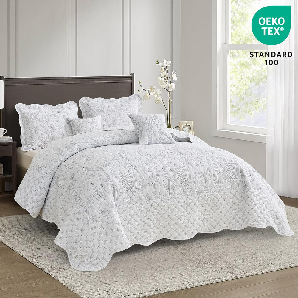 Botanical Oversized Bedspread King Size - Leaves Pattern Stitching Quilt Set - E