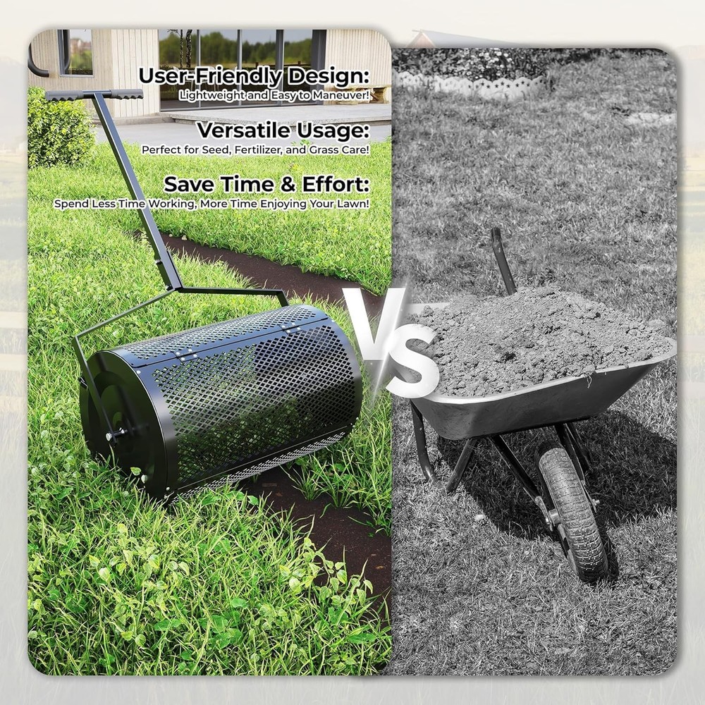 24" Heavy Duty Compost Spreader, Adj T-Handle & Metal Mesh Roller, Rust-Proof