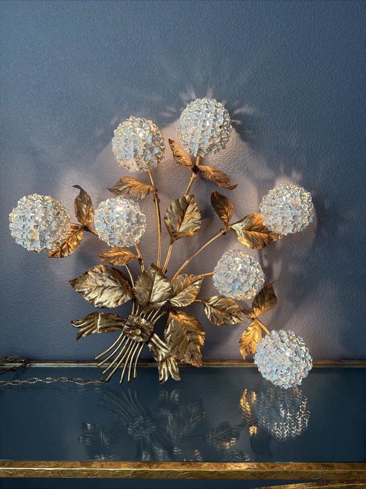 1950s Hydrangea Wall Light gilded brass with white enamel hydrangeas