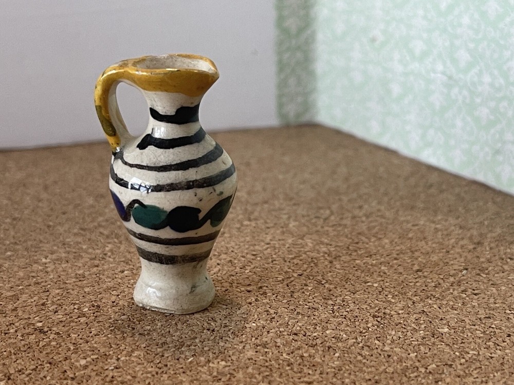 Miniature Ceramic Pitcher yellow trim with black stripes
