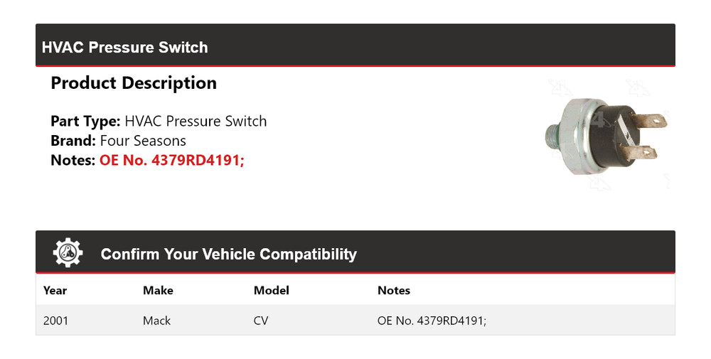 For 2001 Mack CV HVAC Pressure Switch 4 Seasons