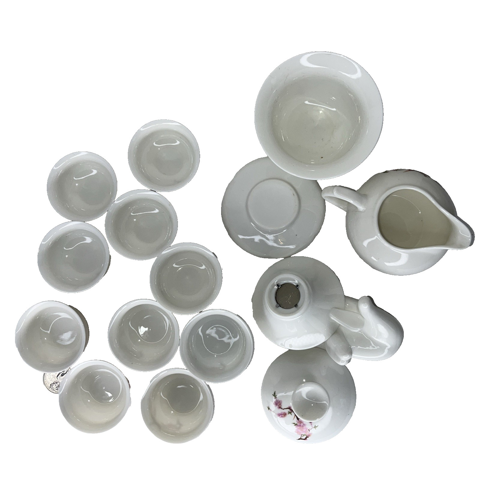 Vintage Asian Traditional Mini Bone China Tea Set White Pink Cherry Stem Bird