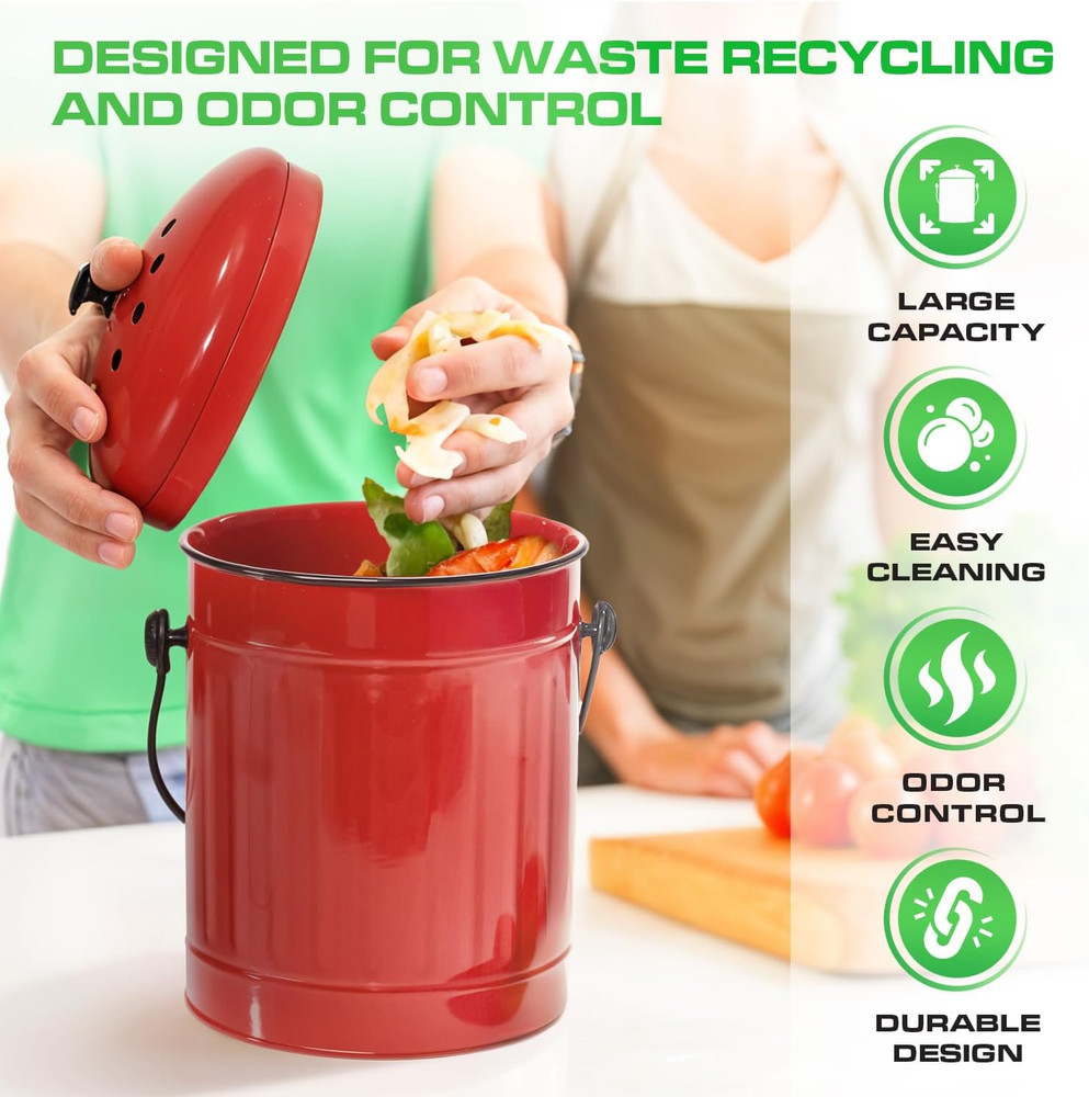 Plexon Countertop Compost Bin Kitchen with Lid, Red 1.5 Gallon Odorless Compost