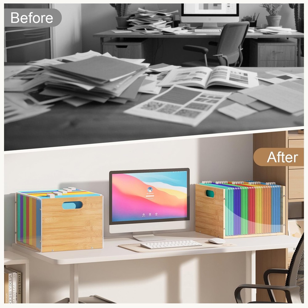 Clear Acrylic File Box Organizer, Bamboo Hanging Folder Storage Boxes, Filing