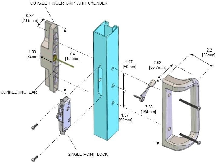 White Patio Sliding Door Handle w/ Lock Cylinder for 3 15/16" Hole Spacing