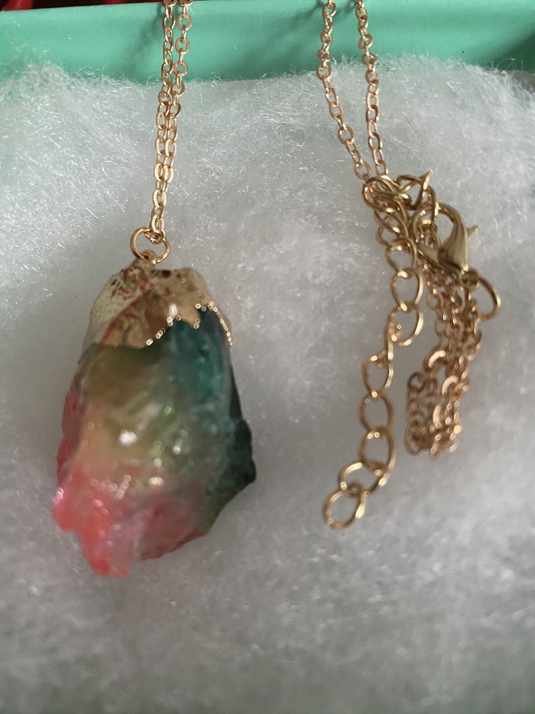 Natural Rainbow Agate drop with gold tone necklace