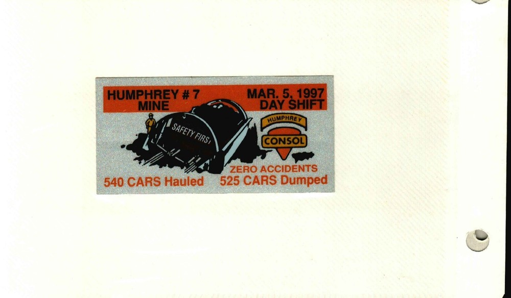 NICE HUMPHREY MINE CONSOL COAL CO. COAL MINING STICKER # 992