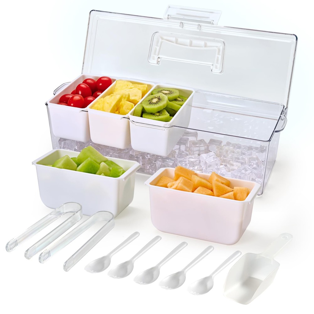 Luckore Chilled Condiment Caddy Server with 5 Removable 1 Pack, Clear, White
