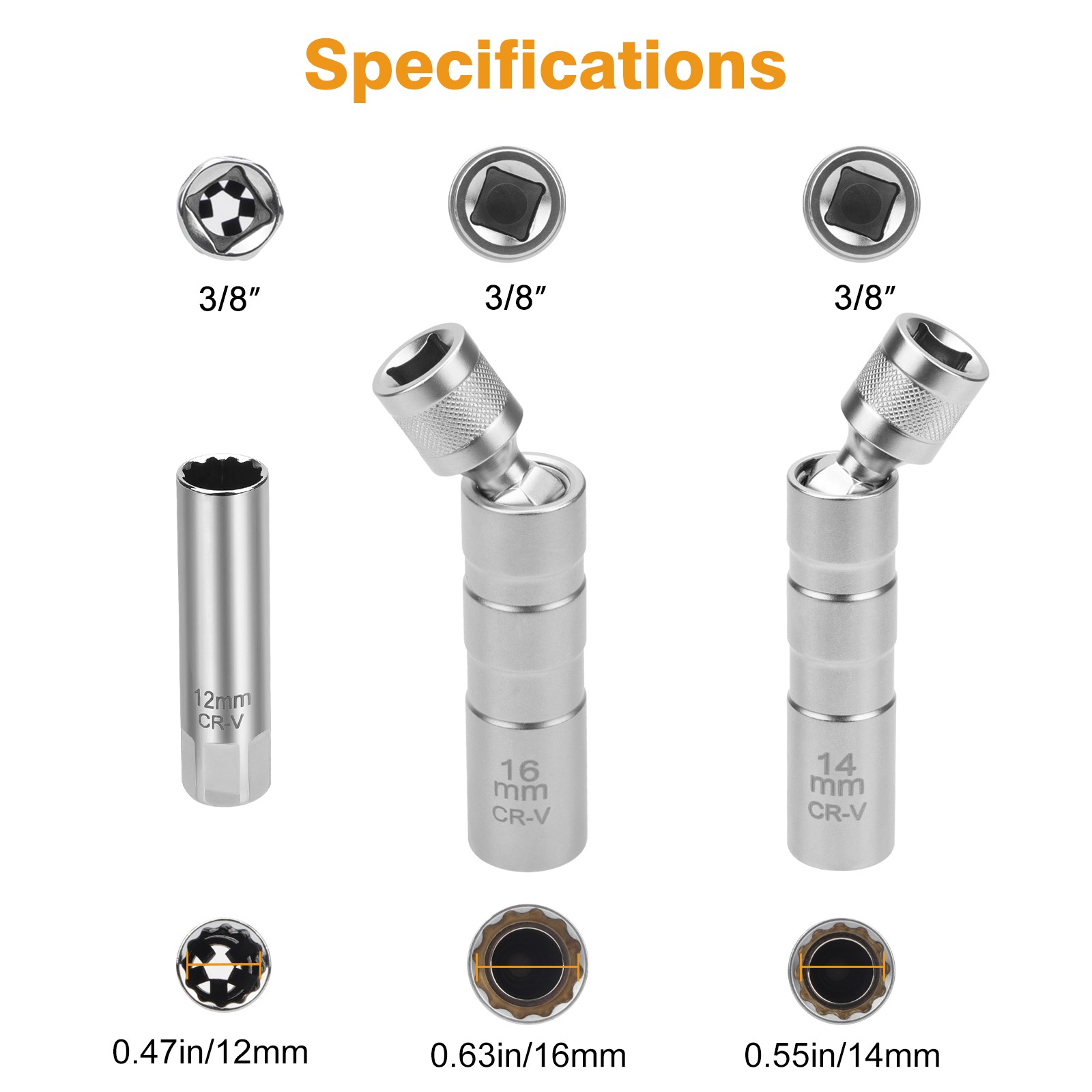 14mm&16mm Thin Wall Magnetic Swivel 3/8"Spark Plug Socket 12-Point Removal Tool