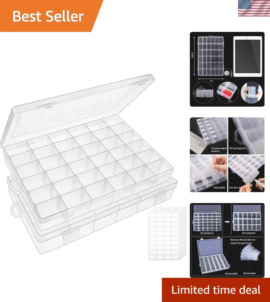 Clear Plastic 36-Compartment Bead Organizer, 2 Pack with Snap Closure & Labels