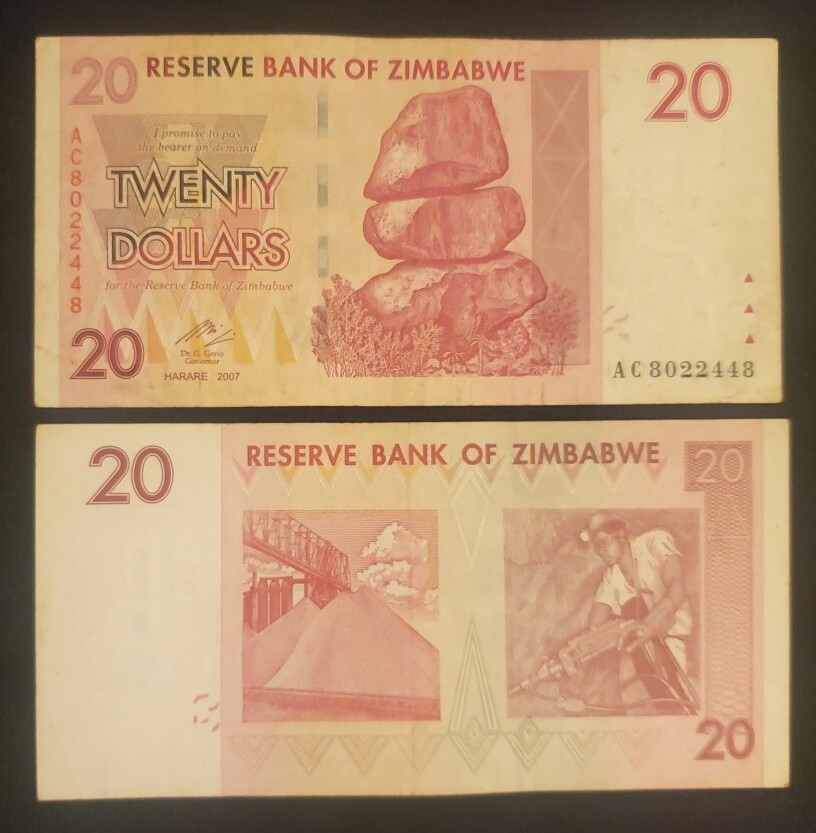 Zimbabwe $20 Dollars X 25 PCS banknotes-1/4 bundle-2007 circulated It.# E-42
