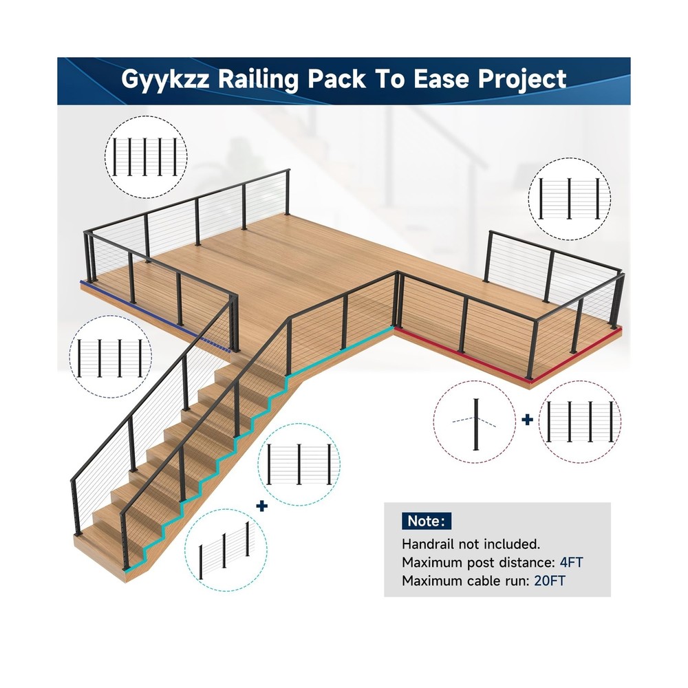 36" One-Stop Cable Railing Post Kit, 4 Pack Fixed Top Level Drilled Line Post...