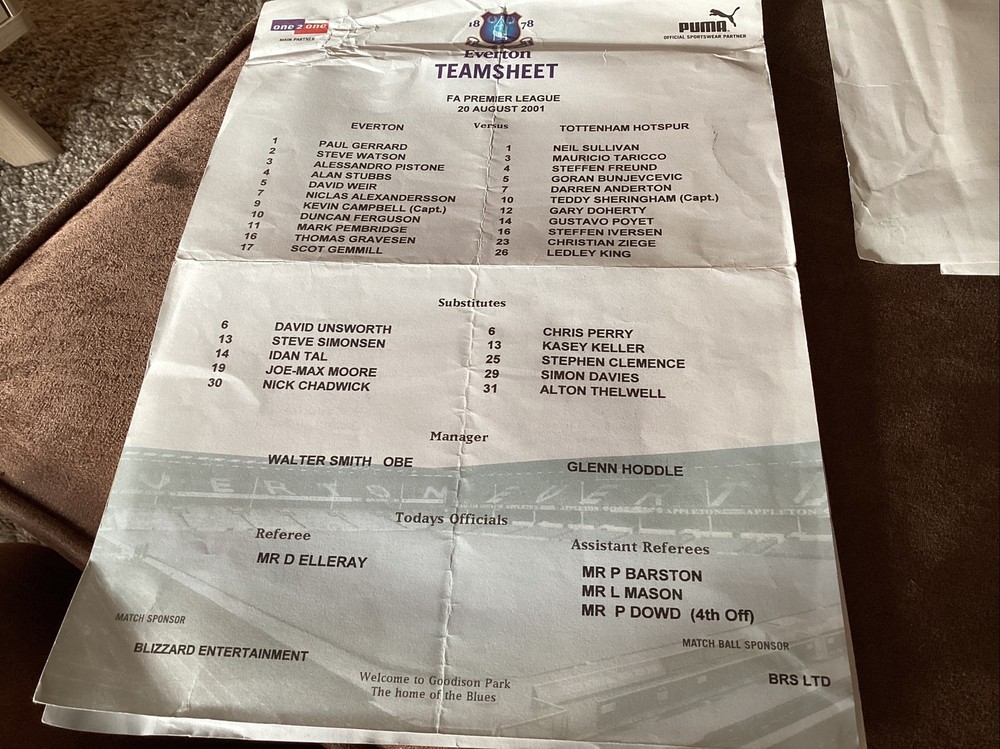 Everton official team sheets x 5 (1999-2001)