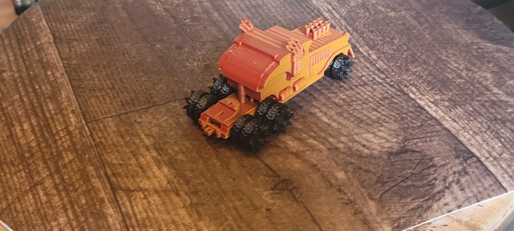 Multicolor Apocalyptic Big Rig With Wheels that roll. 3d printed. 1/64 scale