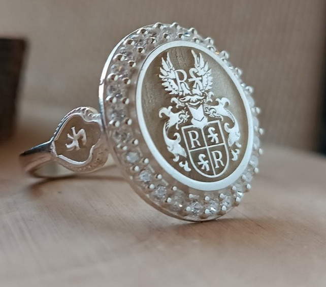 Custom Family Crest Signet Ring Sterling Silver with CZ Border Personalized Jewe
