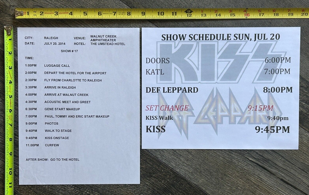 KISS Concert Itinerary & Backstage Sign Raleigh North Carolina 2014 Def Leppard
