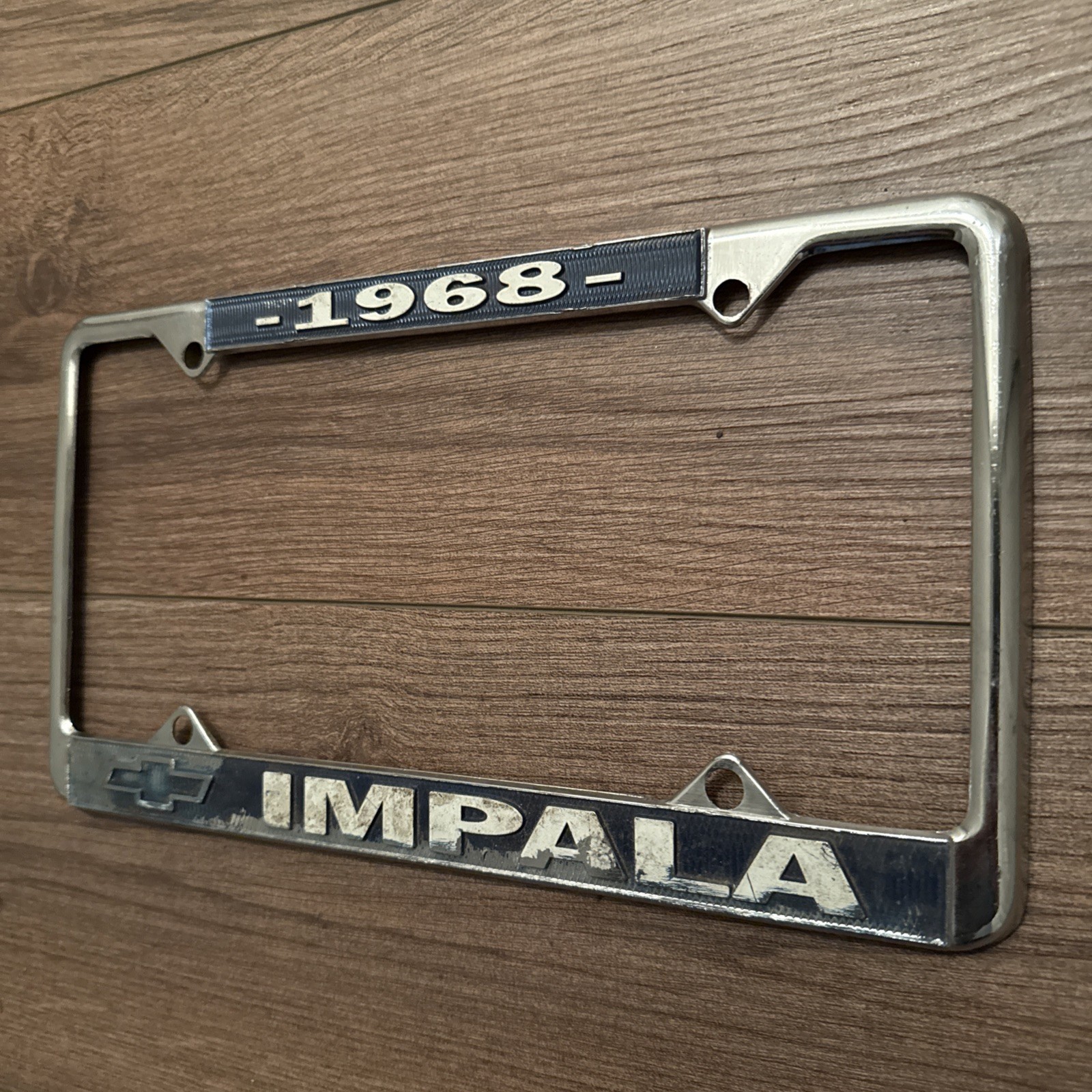 Vintage 1968 Chevrolet Impala License Plate Frame Chevy Chrome And Blue